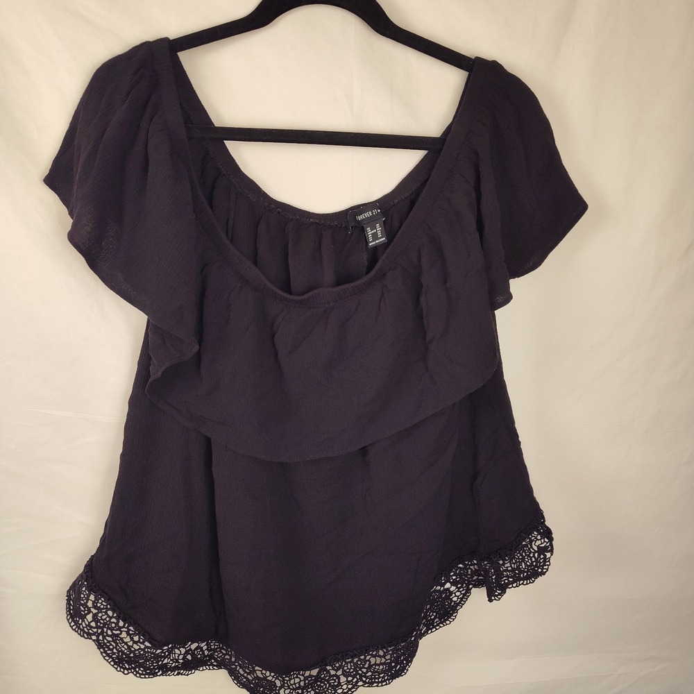 Forever 21+ 3X black top off shoulder ruffle stretch lace hem crop shirt Boho
